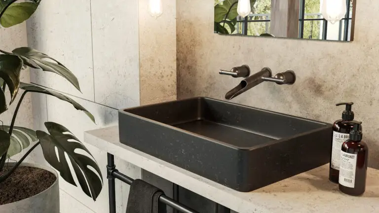 strefa umywalki loft, umywalka o organicznym kształcie, umywalka z czarnego granitu, umywalka z kamienia