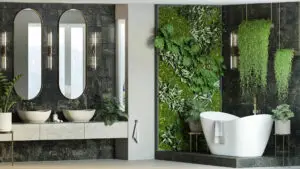 piękna łazienka z żywymi roślinami, łazienka z dwiema umywalkami, łazienka z symetryczną wanną wolnostojącą